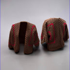 Brown crochet cardigan shown front and back, with pink floral stitching down the sleeves and back.
