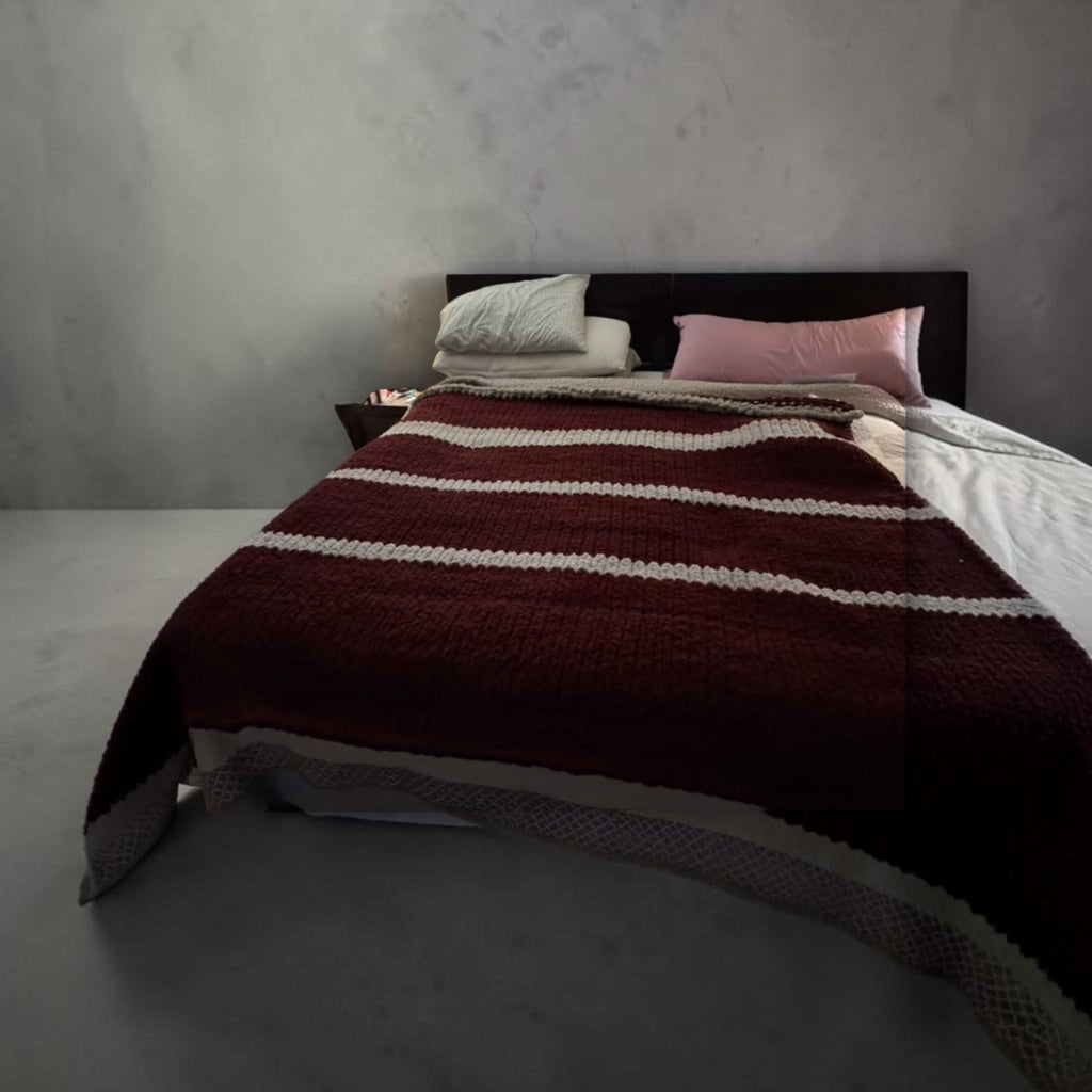 Custom blanket example: burgundy and cream stripe knit