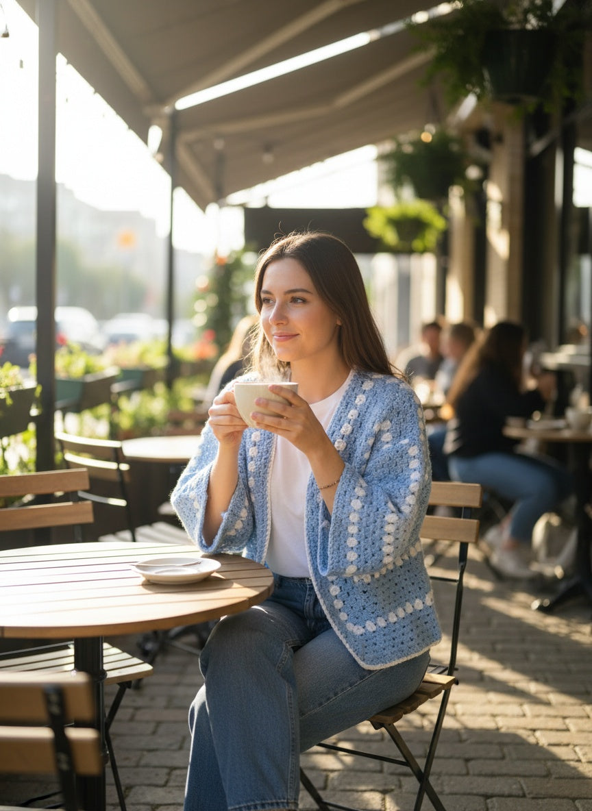 Model wearing the Sky Blue Granny-Stripe Crochet Cardigan at an outdoor cafe