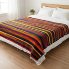 Custom blanket example: rainbow stripe knit blanket on a bed