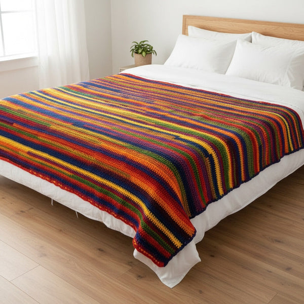 Custom blanket example: rainbow stripe knit blanket on a bed