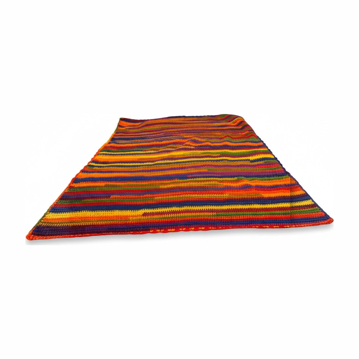 Rainbow stripe knit blanket spread flat on a white background, showing the full stripe sequence.