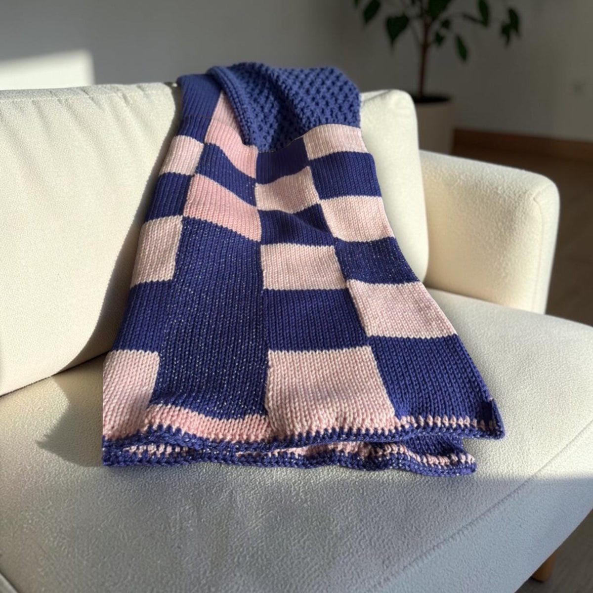 Custom blanket example: navy and pink checkerboard knit