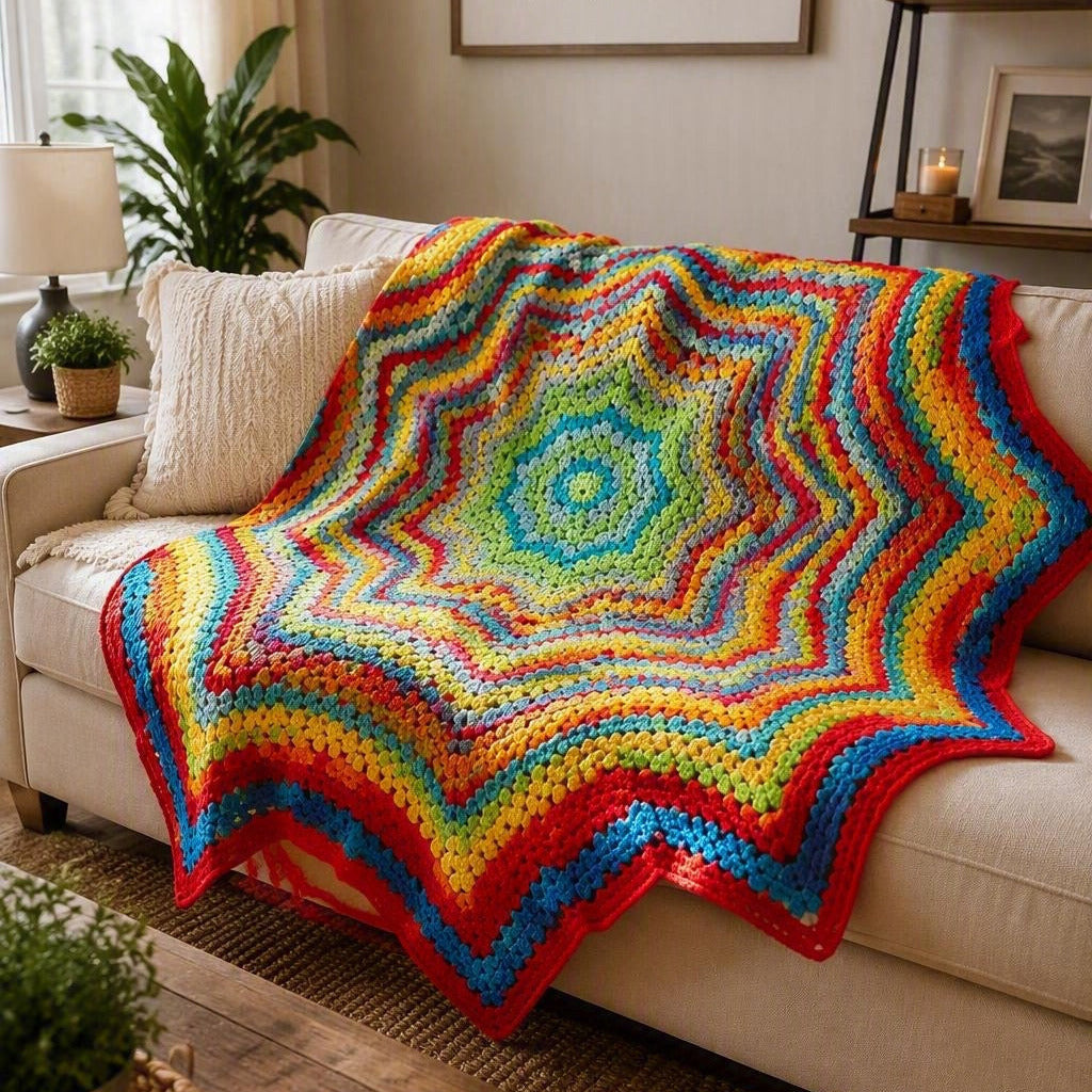 Rainbow Star Crochet Blanket – on sofa