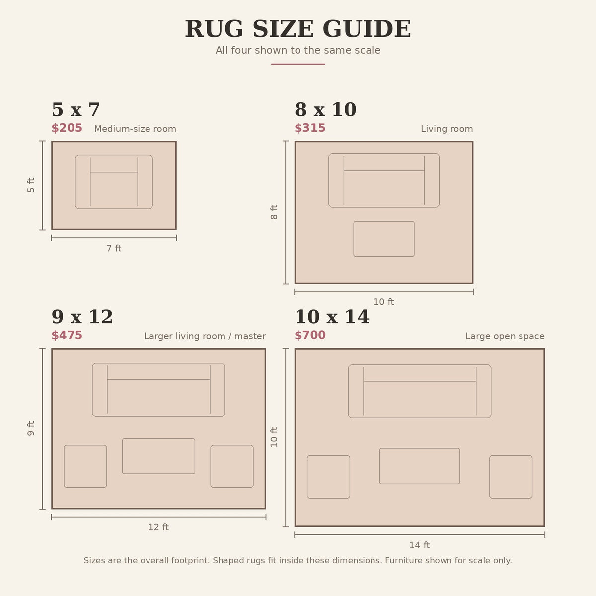 Rug size guide: 5x7, 8x10, 9x12 and 10x14 shown to scale